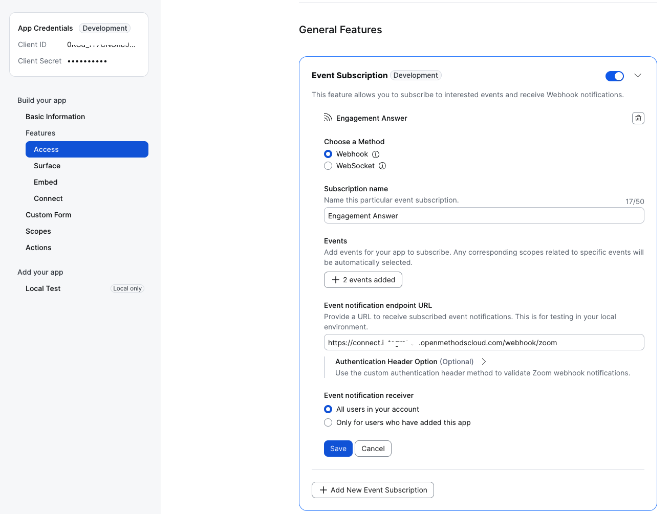 Access page — Secret Token & Event Subscription