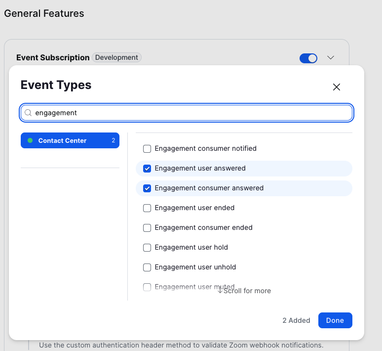 Select Contact Center event types