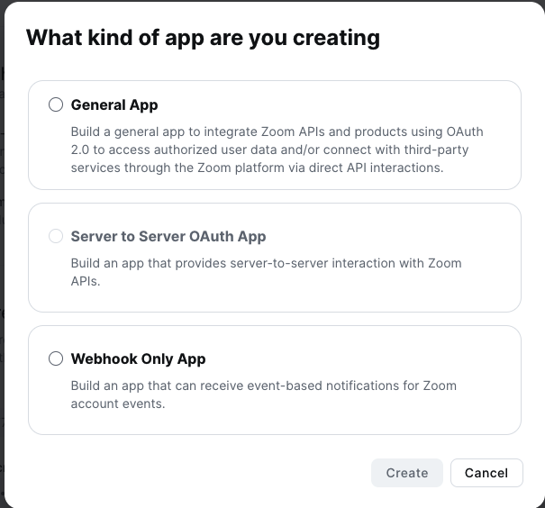 Create your Zoom app — Select app type