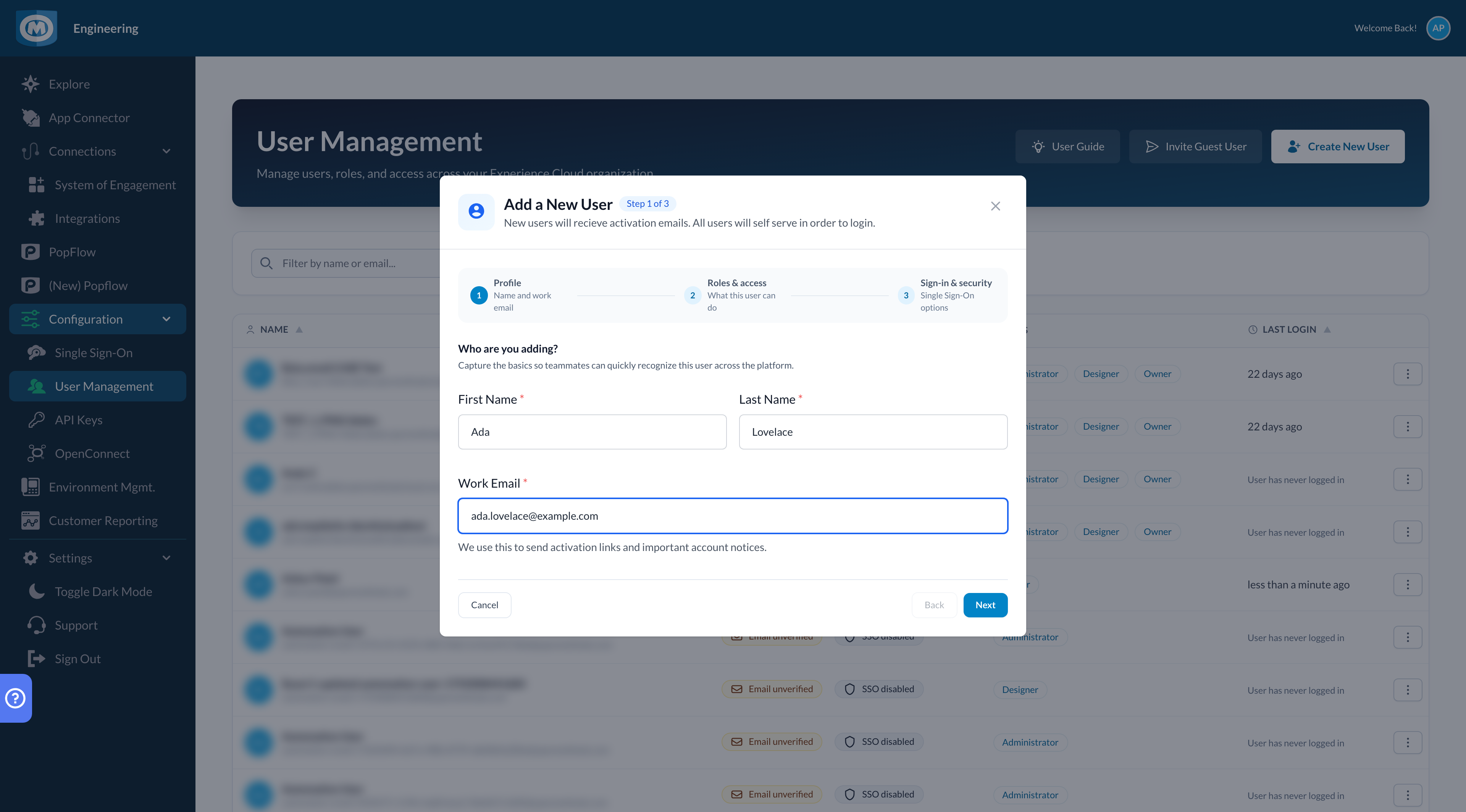 Create user wizard